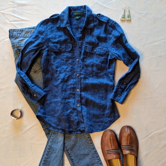 Ralph Lauren Dark Blue Chambray Linen Button Down - Picture 8 of 8
